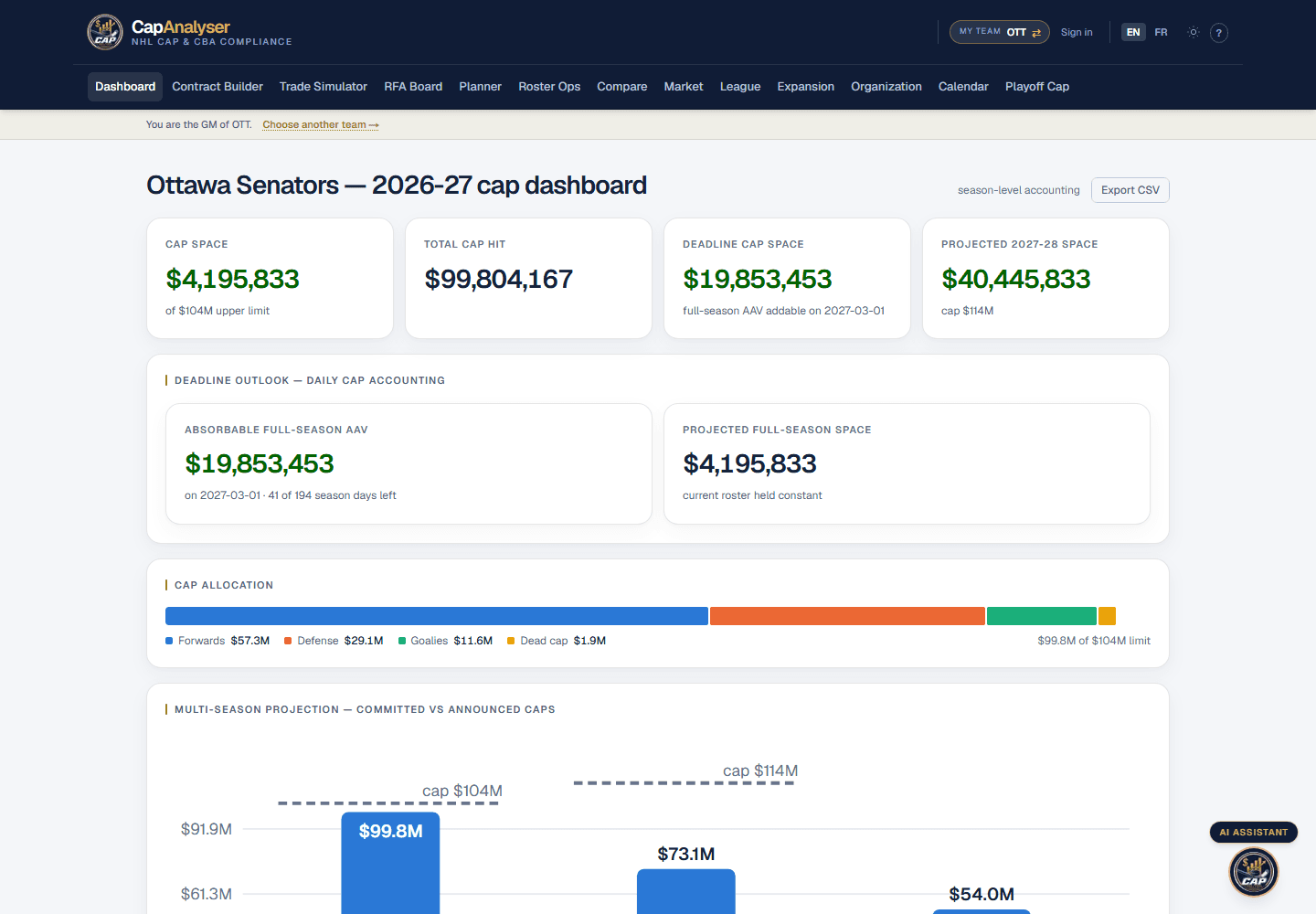 Cap dashboard: cap sheet with totals and space