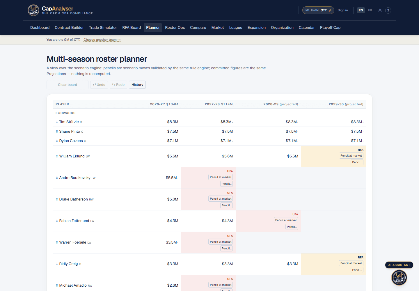 Season planner with dated moves and deadline projection
