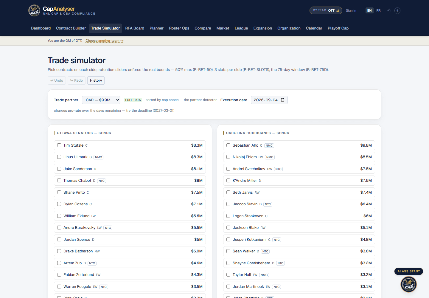 Trade simulator with both cap sheets and violations